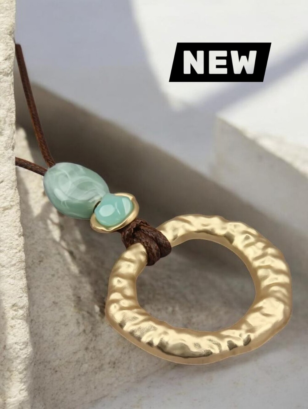 New Unisex Textured Gold Metal Ring Pendant Necklace Green Cord